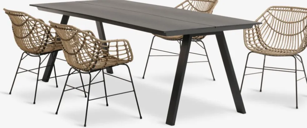 FAUSING + ILDERHUSEFAUSING L220 table noir + 4 ILDERHUSE chaises naturel