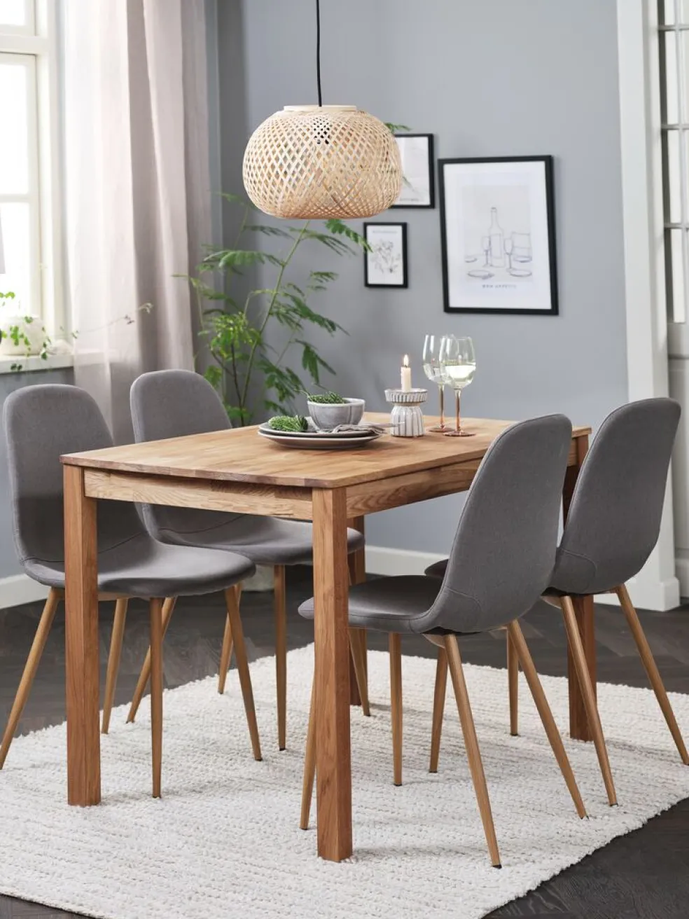 JEGERUP + JONSTRUPJEGERUP L115 table chêne naturel + 4 JONSTRUP chaises gris