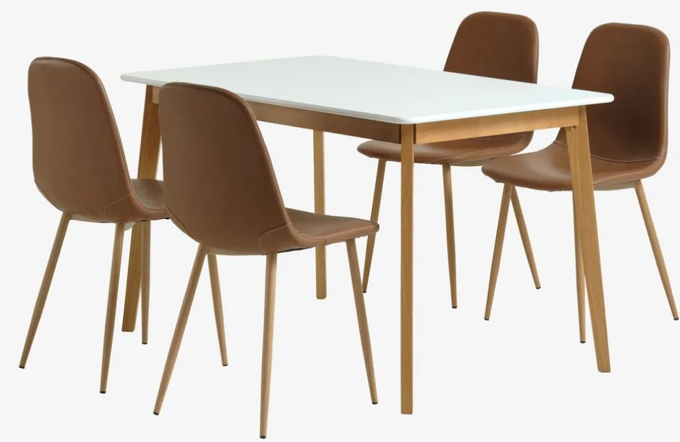 JEGIND + JONSTRUPJEGIND L130 table blanc + 4 JONSTRUP chaises cognac
