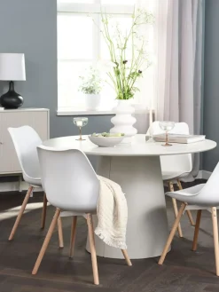 KLIPLEV + KASTRUPKLIPLEV Ø120 table imi. travertin + 4 KASTRUP chaises blanc