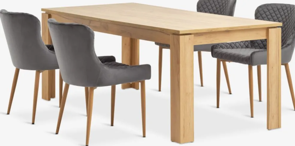 LINTRUP + PEBRINGELINTRUP L190/280 table colo. chêne + 4 PEBRINGE chaises gris