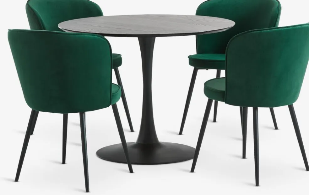 RINGSTED + RISSKOVRINGSTED Ø100 table noir + 4 RISSKOV chaises vert foncé