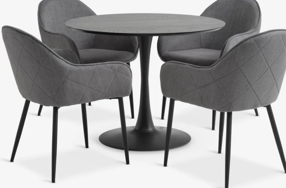 RINGSTED + SABRORINGSTED Ø100 table noir + 4 SABRO chaises gris/noir