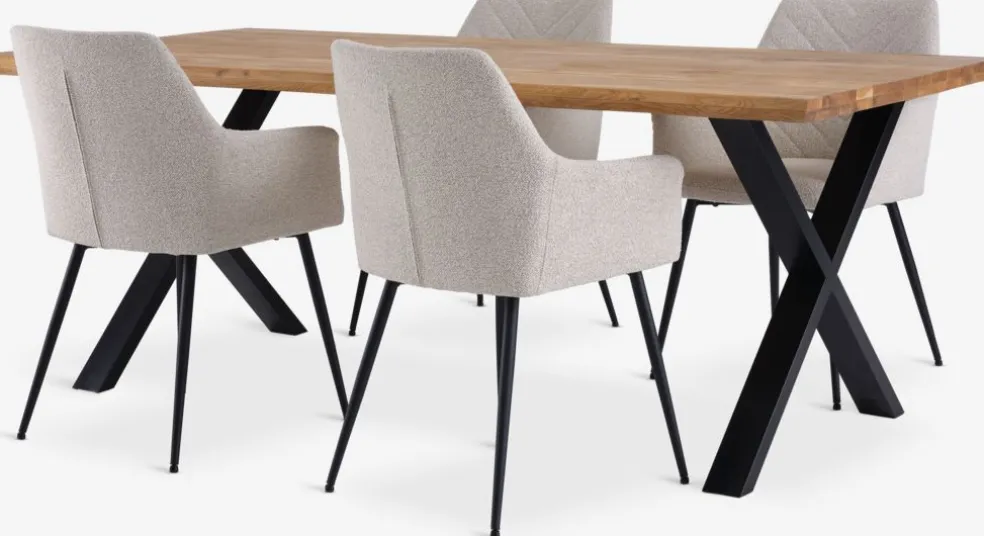 ROSLEV + PURHUSROSLEV L200 table chêne nat. + 4 PURHUS chaises blanc cassé